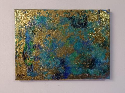 "Jeu de texture en verts et bleus"  (finition feuille dorée), Antiquités & Art, Art | Peinture | Abstraite, Enlèvement ou Envoi