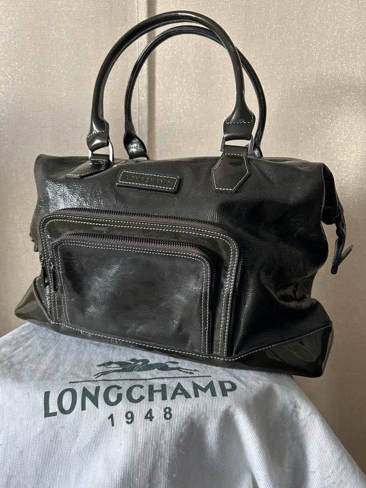 Longchamp Legende donkerkaki lakleer, Handtassen en Accessoires, Tassen | Damestassen, Gebruikt, Handtas, Ophalen of Verzenden