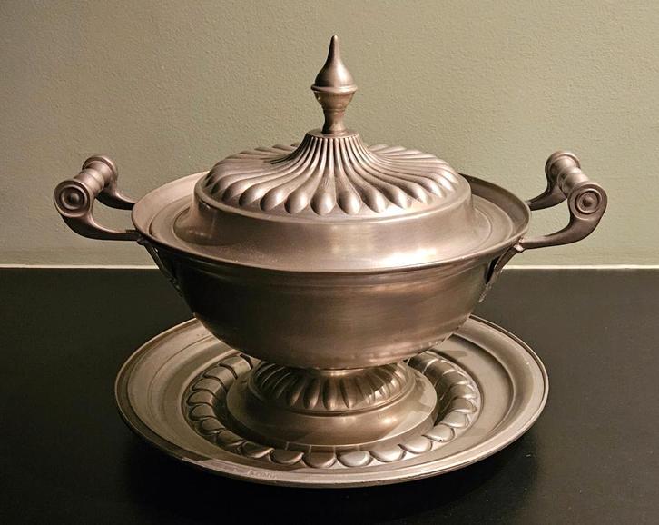 antieke tinnen Jugendstil terrine met bijhorend onderbord, Antiek en Kunst, Antiek | Tin, Ophalen