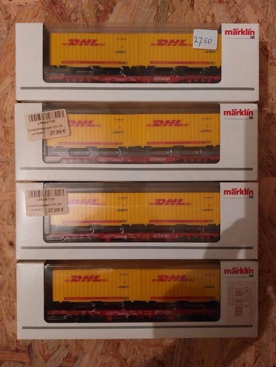 Marklin HO 4 containerwagens dhl, Hobby en Vrije tijd, Modeltreinen | H0, Nieuw, Wagon, Märklin, Ophalen of Verzenden