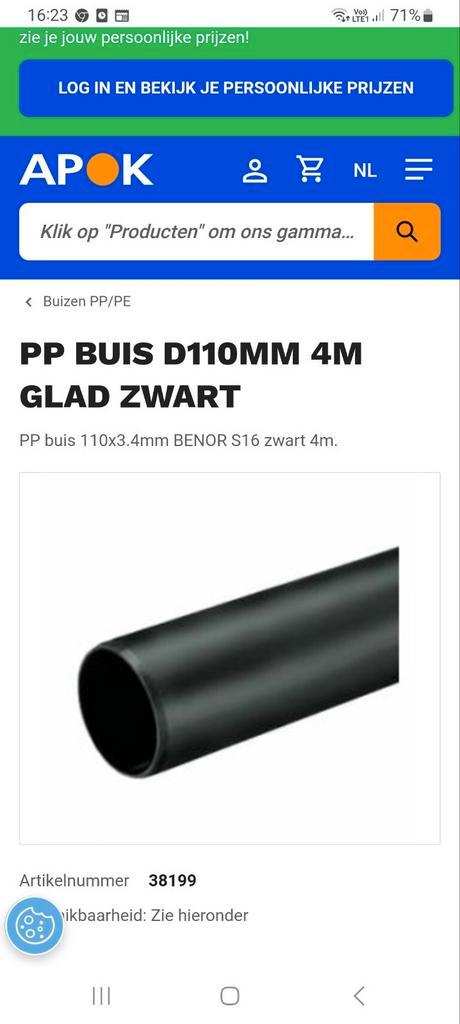 pp afvoerbuizen  zwart 110 dia ,3,4dikte, lente 4m benor, Doe-het-zelf en Bouw, Buizen en Afvoer, Nieuw, Afvoer, Ophalen of Verzenden