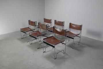 Set of 6 modernist chrome and leather dining chairs, 1970's beschikbaar voor biedingen