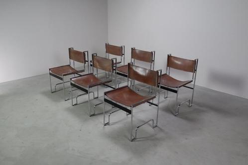Set of 6 modernist chrome and leather dining chairs, 1970's, Antiek en Kunst, Antiek | Meubels | Stoelen en Sofa's, Ophalen