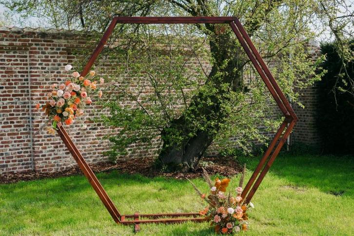 Hexagon backdrop huwelijk - houten zeshoek frame, Hobby en Vrije tijd, Feestartikelen, Zo goed als nieuw, Ophalen