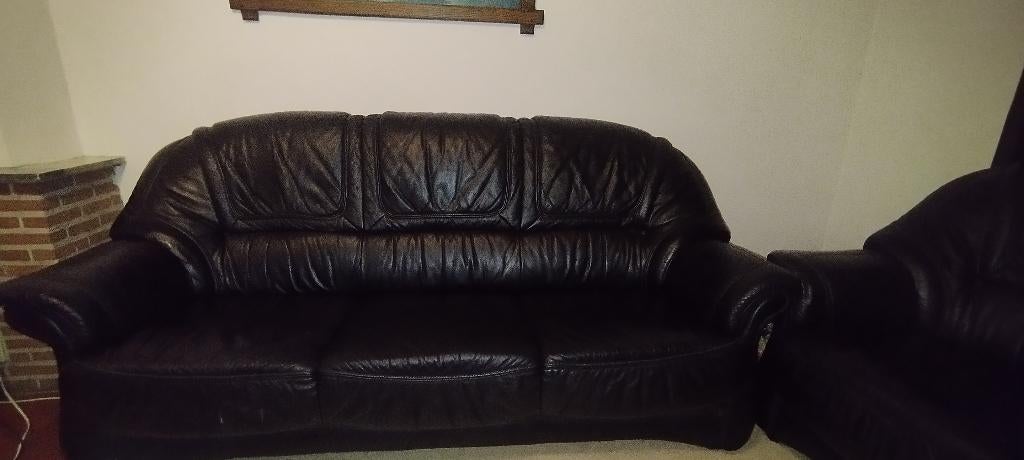 Canape 100% cuir noir en très bon état, Autres dimensions, Banc droit, Comme neuf, Enlèvement