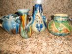 4 keramiek vaasjes in Vlaamse aardewerk blauw groen gevlamd, Antiek en Kunst, Ophalen