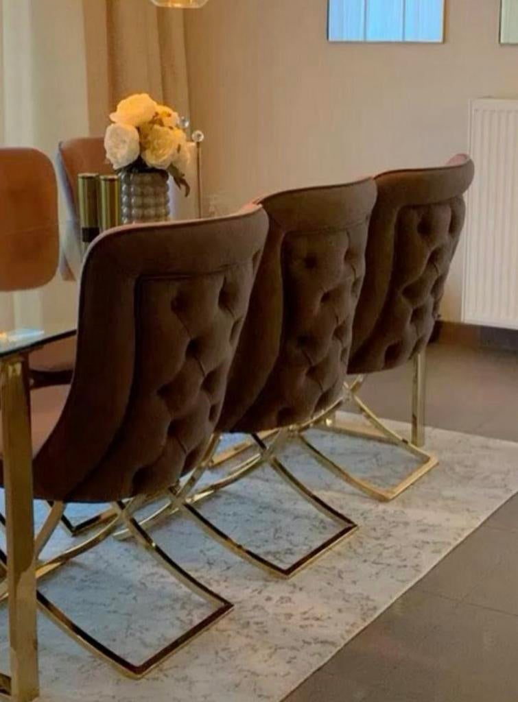 Eettafel + 6 stoelen in bruin fluweel, Huis en Inrichting, Stoelen, Zo goed als nieuw, Vijf, Zes of meer stoelen, Overige materialen