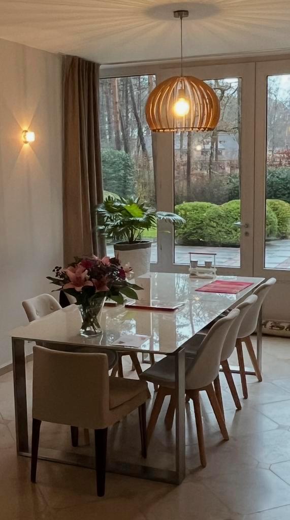 Moderne eettafel, glas en inox, 220x100cm, Huis en Inrichting, Tafels | Eettafels, Zo goed als nieuw, Rechthoekig, Glas, Metaal