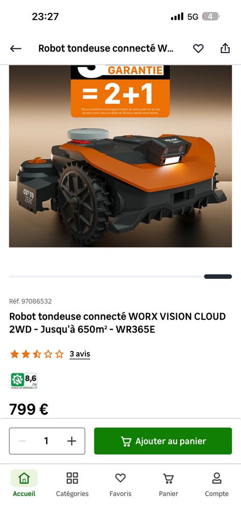 Robot tondeuse worx Cloud WR365E NEUF JAMAIS DÉBALLÉ, Enlèvement ou Envoi, Neuf