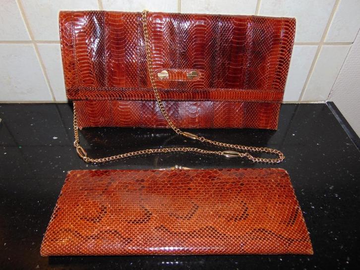 Vintage handtas en clutch slang Luis Esteve, Handtassen en Accessoires, Tassen | Damestassen, Gebruikt, Handtas, Bruin, Ophalen of Verzenden