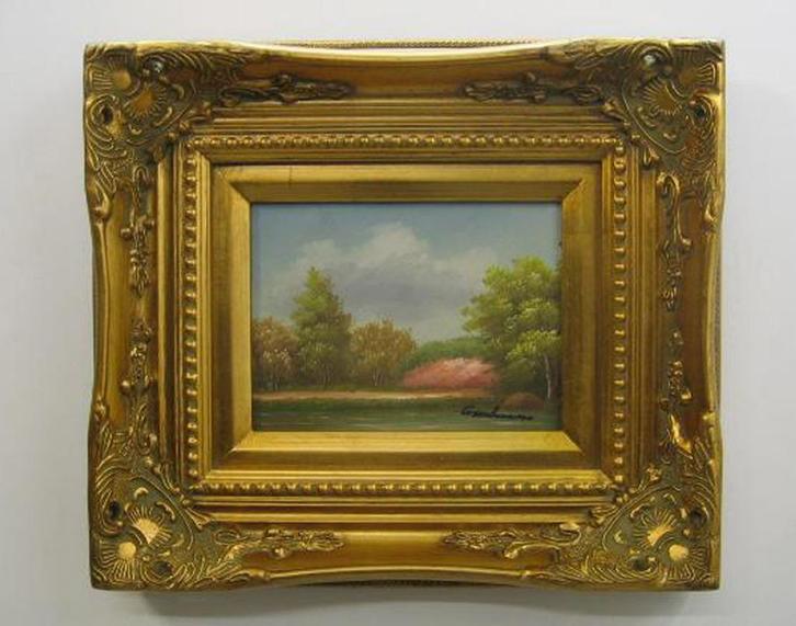 Schilderij op doek 'Woud en meer' - houten kader 39x36cm, Antiquités & Art, Art | Peinture | Classique, Envoi