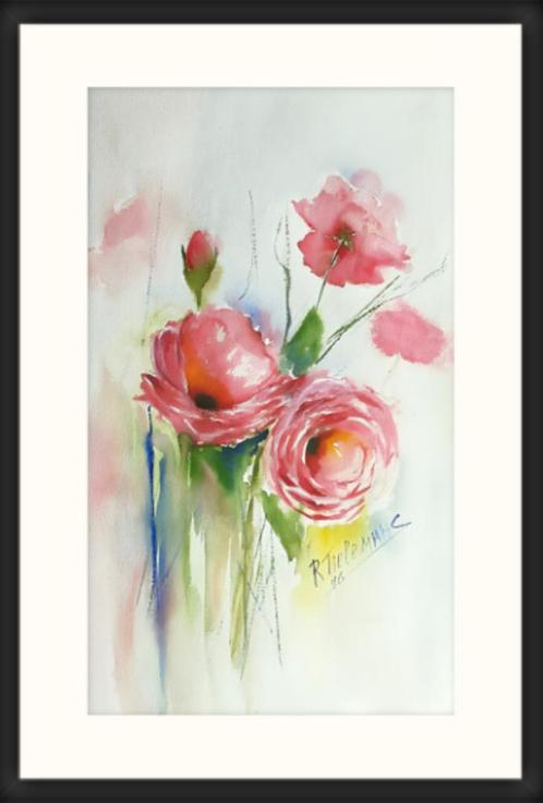 Kunstprint van Roze Rozen met galerielijst en passepartout, Antiek en Kunst, Kunst | Schilderijen | Klassiek, Verzenden