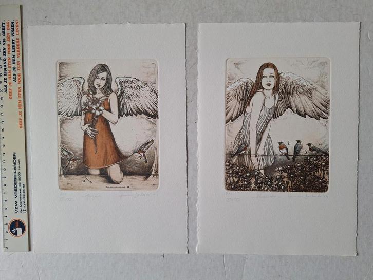 Twee etsen van Herman Declerck Offergave en Bluebirds 2004, Antiek en Kunst, Kunst | Etsen en Gravures, Ophalen of Verzenden