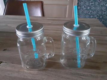2x stuks Glazen Mason Jar drinkbekers met rietje 450ml beschikbaar voor biedingen