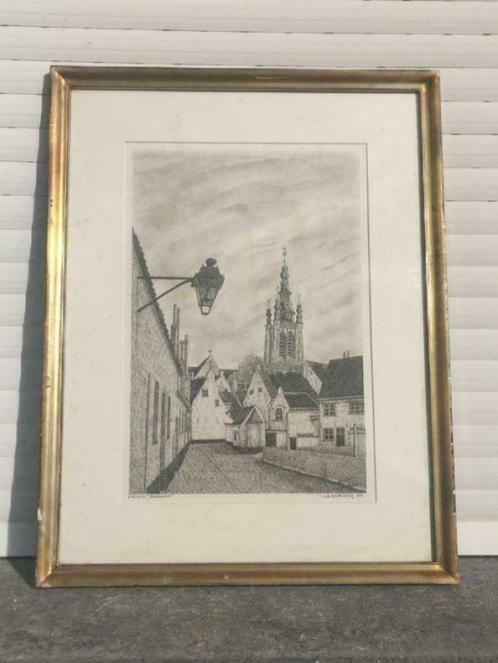 lithographie kortrijk begijnhof signe j a desplenter 83, Antiek en Kunst, Kunst | Litho's en Zeefdrukken, Ophalen of Verzenden