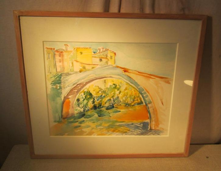 Mooi Geschilderd Aquarel 'Vieux Pont Visan' - gesigneerd, Antiek en Kunst, Kunst | Schilderijen | Klassiek, Ophalen of Verzenden