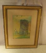 Oud Geschilderd Aquarel 'Ruine en Toren' - Braems - 1949, Ophalen of Verzenden