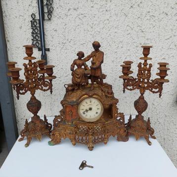 HORLOGE PENDULE + 2 CANDELABRES LANCINI  BRONZE LAITON 60/70