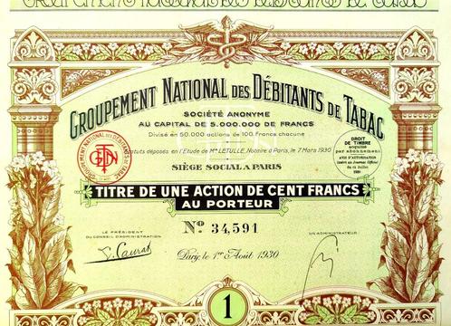 Groupement National des Débitants de Tabac 1930, Postzegels en Munten, Aandelen en Waardepapieren, Aandeel, 1920 tot 1950, Ophalen of Verzenden