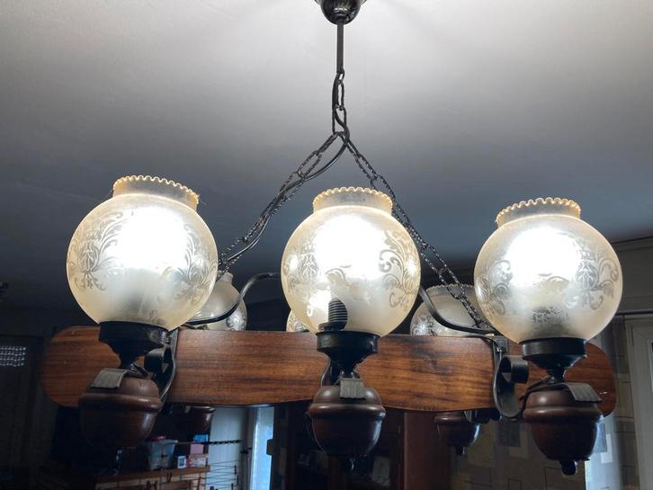 Lustre rustique, Maison & Meubles, Lampes | Suspensions, Utilisé, 50 à 75 cm, Verre, Bois, Métal, Enlèvement