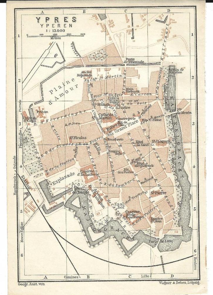 1905 - Ieper stadsplannetje, Antiek en Kunst, Kunst | Etsen en Gravures, Verzenden