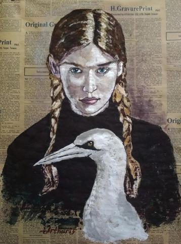 "Meisje en vogel" Schilderij 