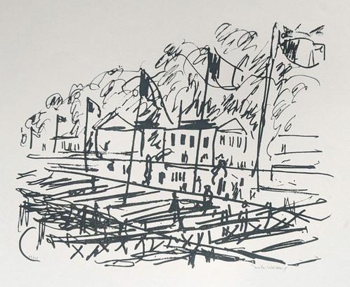 zeefdruk - zicht met water, bergen en vlaggen - onleesbaar g, Antiek en Kunst, Kunst | Litho's en Zeefdrukken, Ophalen of Verzenden