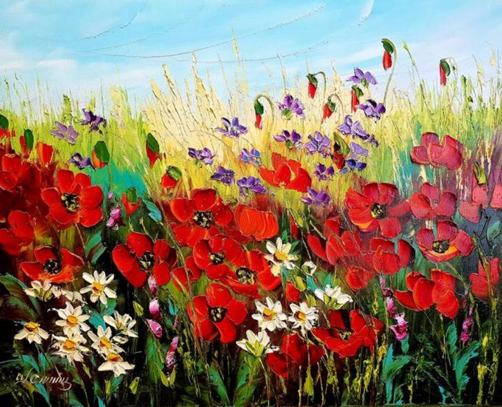 " Flowers in the Meadow " schilderij van Urszula Lemańska, Antiek en Kunst, Kunst | Schilderijen | Modern, Ophalen of Verzenden