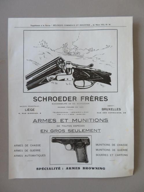 reclame supplement 1922 Armes et Munitions Liège Browning, Verzamelen, Merken en Reclamevoorwerpen, Zo goed als nieuw, Overige typen