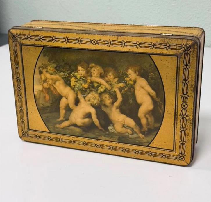 Boîte à biscuits vintage brocante PAREIN angels couleur or, Collections, Boîte en métal, Comme neuf, Biscuits, Enlèvement ou Envoi