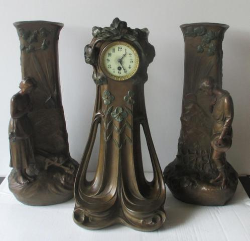 originele art nouveau klokkenstel schouwgarnituur Angelus, Antiek en Kunst, Antiek | Klokken, Ophalen