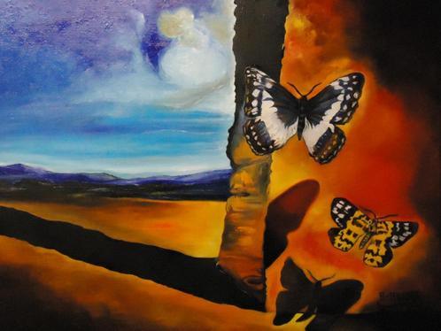 Landschapsschilderij met vlinders, (v1) door joky kamo!!!! V, Antiek en Kunst, Kunst | Schilderijen | Modern, Ophalen