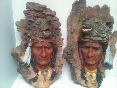 Indiaan figuren - met Grizzly beer mutsen - prijs per koppel, Antiquités & Art, Art | Sculptures & Bois, Enlèvement ou Envoi