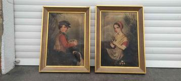 Paire huile sur toile garçon et jeune fille beschikbaar voor biedingen