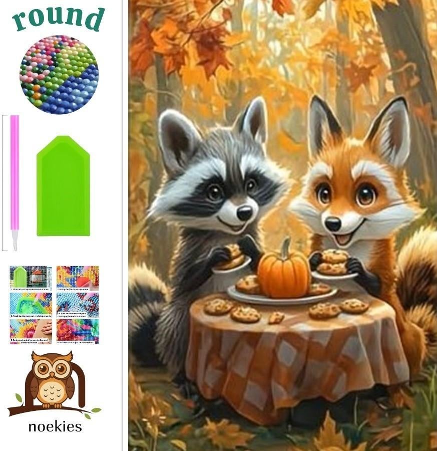 nr 656 Diamond Painting vos en wasbeer 40x30cm (rond), Verzenden, Nieuw, Overige materialen, Overige merken