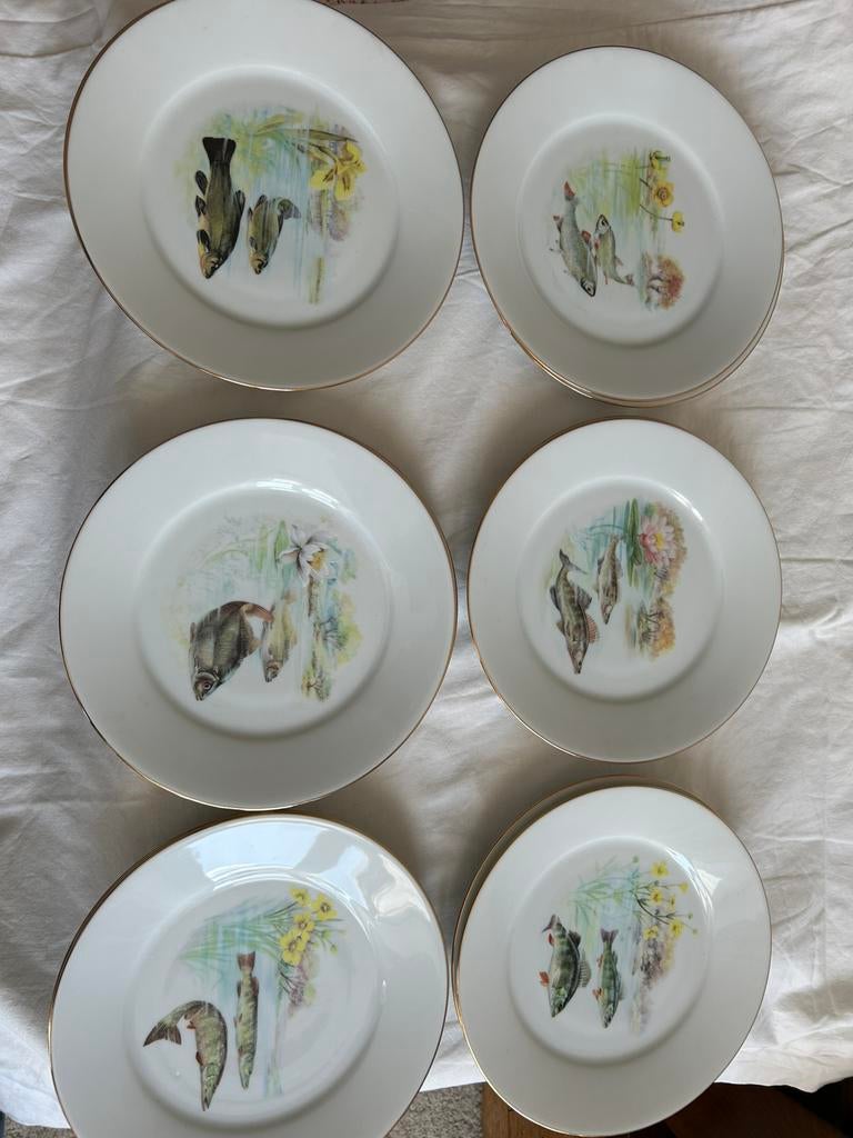 12 assiettes - motif poissons - Limoges, Antiquités & Art, Enlèvement ou Envoi
