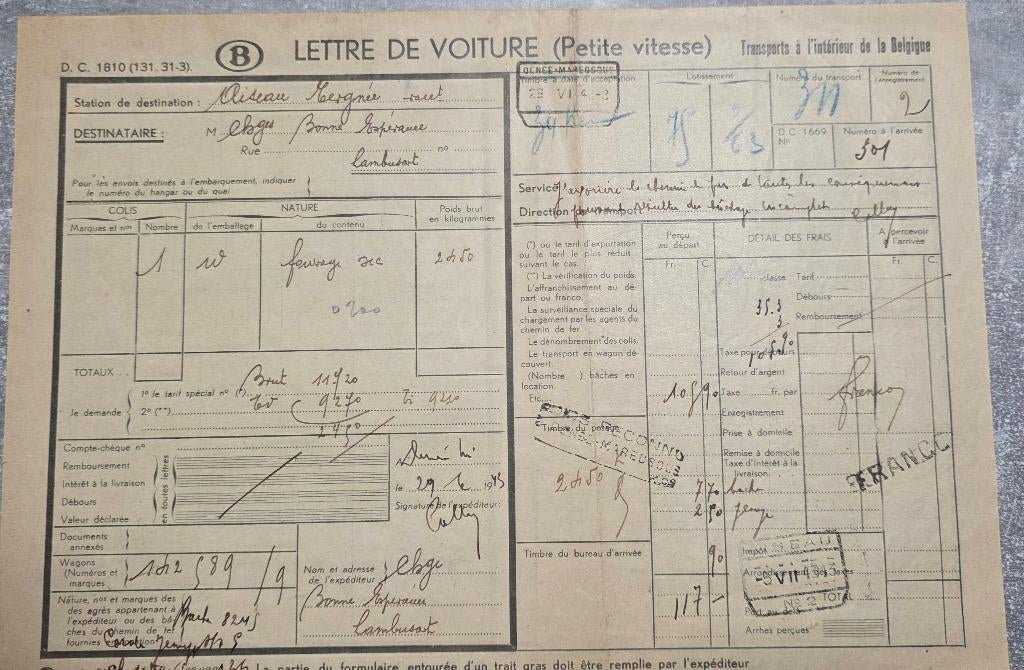 1943+Denée+Maredsous+Aiseau Tergnée+Lettre de voiture, Collections, Enlèvement, 1940 à 1960, Non affranchie, Namur