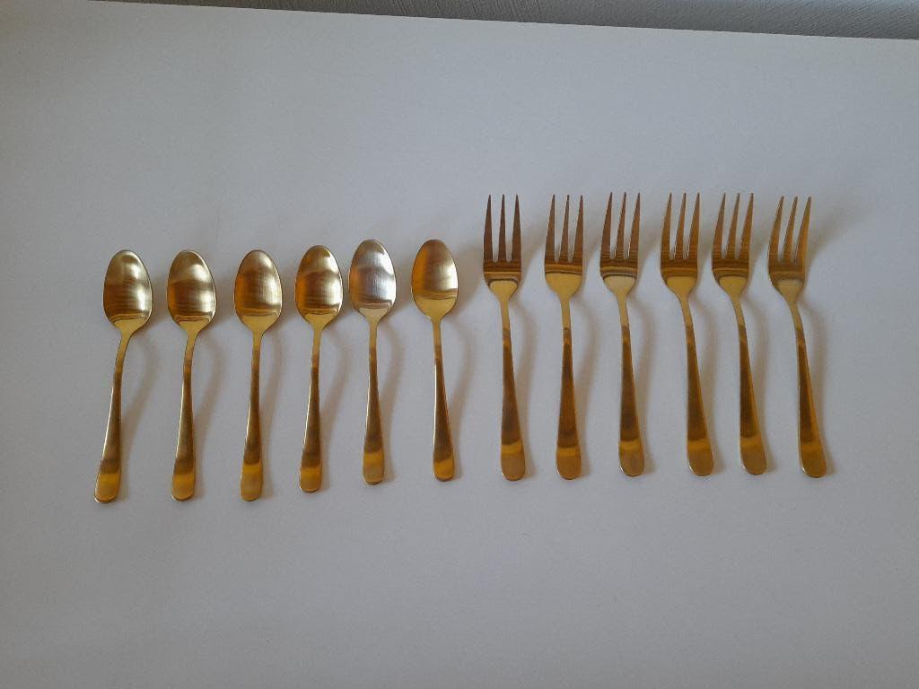 Gouden dessertbestek - 6 lepels + 6 vorken, Ophalen of Verzenden, Gebruikt, Bestekset