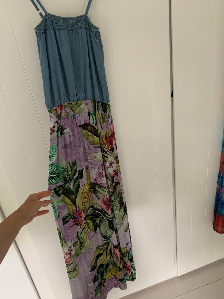 Lange gebloemde zomerjurk met blauwe top, Dina Tersago, Overige kleuren, Ophalen of Verzenden, Zo goed als nieuw