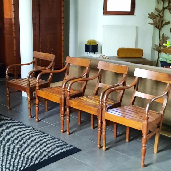 4 prachtige armleuningstoelen in koloniale stijl, Huis en Inrichting, Stoelen, Gebruikt, Vier, Hout, Bruin, Ophalen