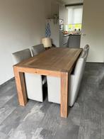 Massief houten eettafel met 4 grijze lederen stoelen, Huis en Inrichting, Ophalen, Gebruikt, Modern klassiek, 50 tot 100 cm