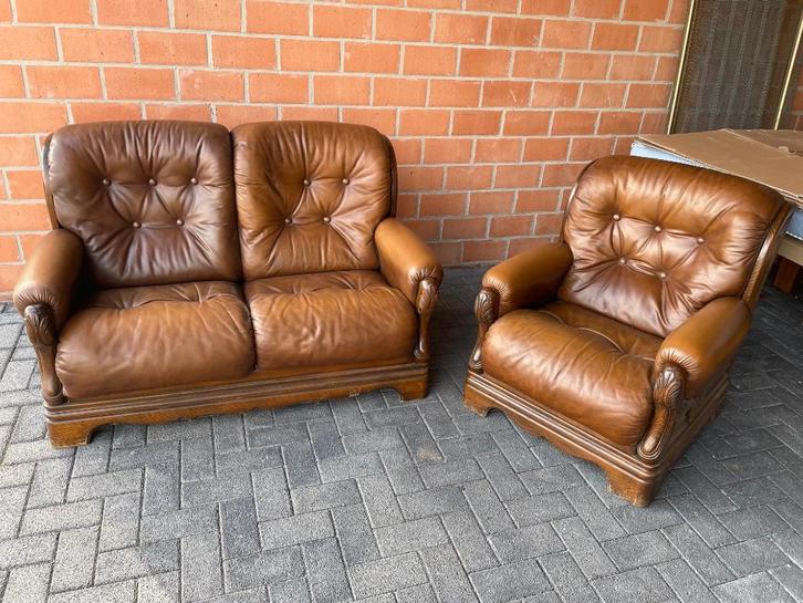 Authentieke lederen salon met eik onderstel, Antiek en Kunst, Antiek | Meubels | Stoelen en Sofa's, Ophalen