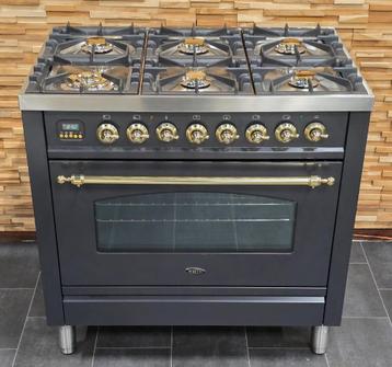 🔥 Poêle Boretti de luxe 90 cm anthracite + laiton 6 brûleur