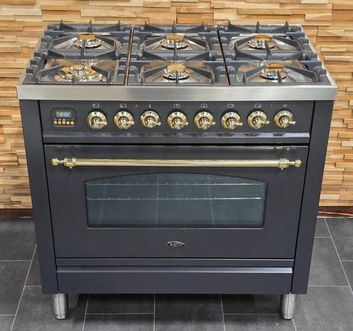 🔥 Poêle Boretti de luxe 90 cm anthracite + laiton 6 brûleur, Electroménager, Cuisinières, Comme neuf, Autoportant, 5 zones de cuisson ou plus