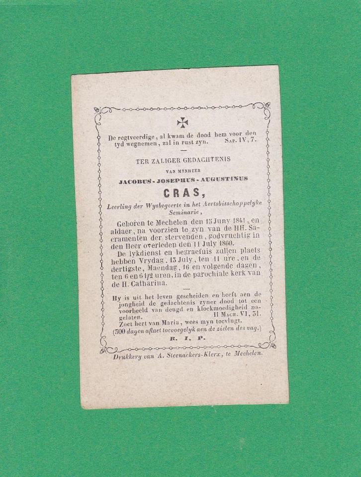 DP Jacobus Josephus Augustinus Cras, Verzamelen, Bidprentjes en Rouwkaarten, Bidprentje, Verzenden
