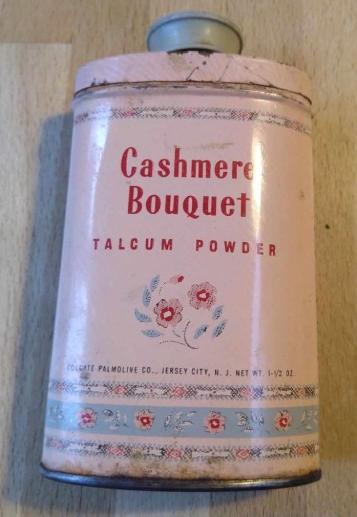 Antiek blikken busje "Cashmere Bouquet talcum powder" (50's), Verzamelen, Blikken, Gebruikt, Overige, Overige merken, Ophalen of Verzenden