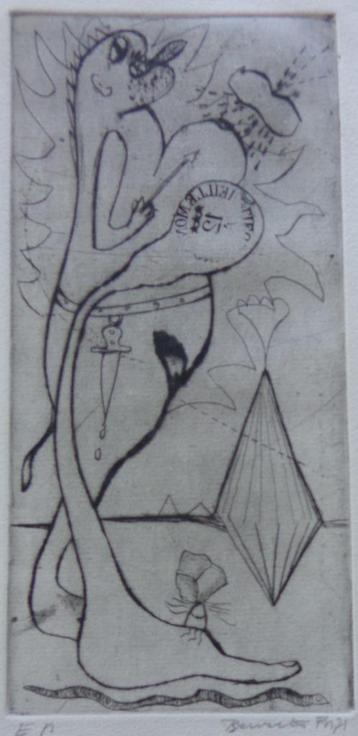 FRED BERVOETS / VROLIJKE MONSTERTJE / ZW-W ETS / 27x20cm SIG beschikbaar voor biedingen