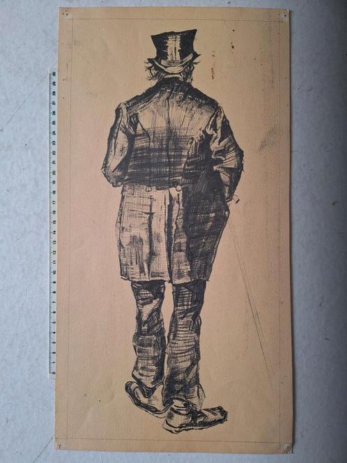 Oude potloodtekening Staande man ruggelings met wandelstok, Antiek en Kunst, Kunst | Tekeningen en Fotografie, Ophalen of Verzenden