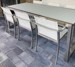 VERKOCHT! TUINSET TAFEL EN ZES STOELEN INOX/GLAS ROYAL BOTAN, Inox, Salons de jardin, Enlèvement, Utilisé