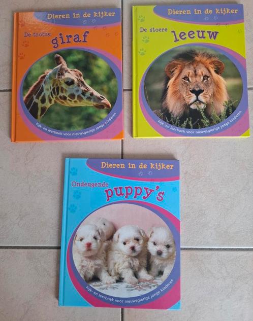 3 boeken Dieren in de kijker: puppy's, leeuw, giraf, Boeken, Kinderboeken | Kleuters, Zo goed als nieuw, Non-fictie, Jongen of Meisje